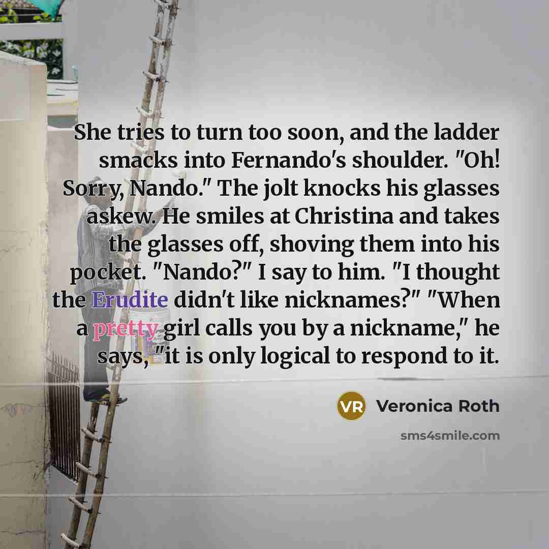 “She tries to turn too soon, and the ladder smacks…” quote by Veronica Roth
