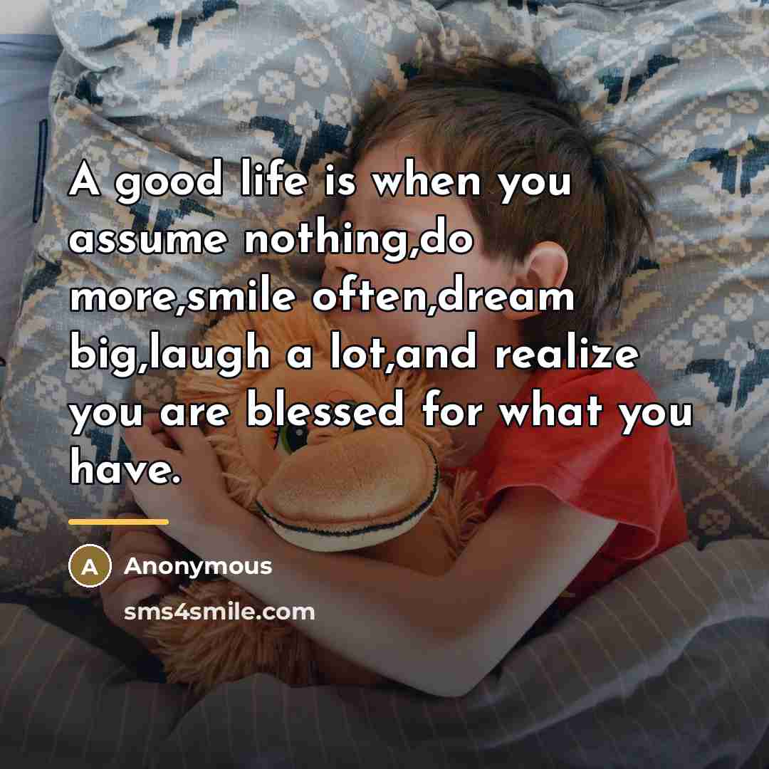 “A good life is when you assume nothing,do more,smile often,dream…” quote by Anonymous