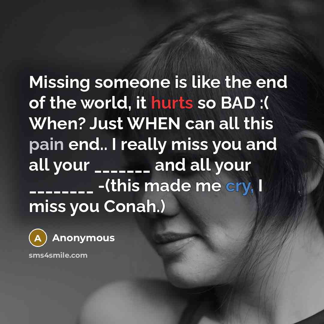 “Missing someone is like the end of the world, it hurts so BAD :( When? Just WHEN can all this pain end.. I really miss you and all your _______ and all your ________ -(this made me cry, I miss you Conah.)” quote by Anonymous
