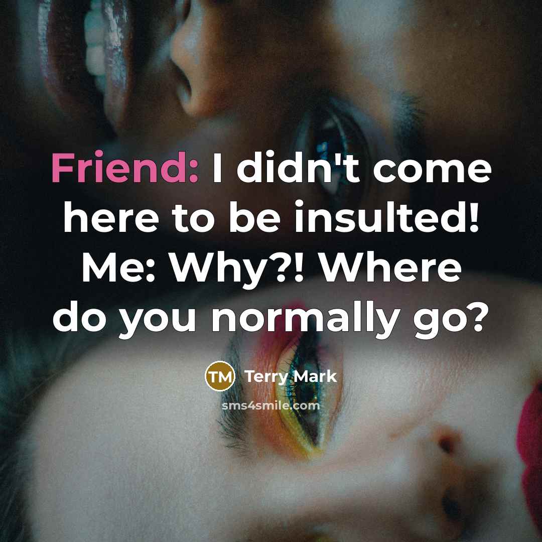 “Friend: I didn't come here to be insulted! Me: Why?! Where do you normally go?” quote by Terry Mark