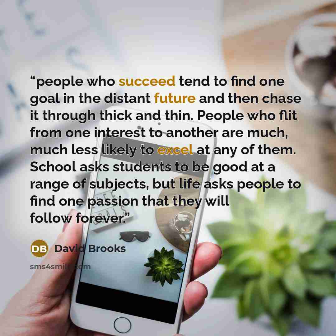 “people who succeed tend to find one goal in the distant future and then chase it through thick and thin. People who flit from one interest to another are much, much less likely to excel at any of them. School asks students to be good at a range of subjects, but life asks people to find one passion…” quote by David Brooks