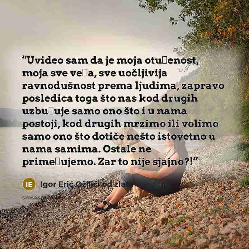 “Uvideo sam da je moja otuđenost, moja sve veća, sve uočljivija ravnodušnost prema ljudima, zapravo posledica toga što nas kod drugih uzbuđuje samo ono što i u nama postoji, kod drugih mrzimo ili volimo samo ono što dotiče nešto istovetno u nama samima. Ostale ne primećujemo. Zar to nije sjajno?!” quote by Igor Erić Ožiljci od zlata