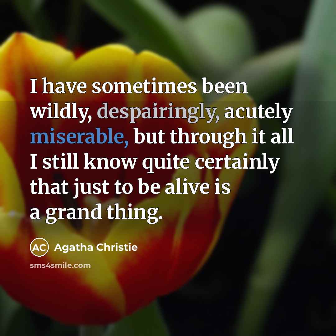“I have sometimes been wildly, despairingly, acutely miserable, but through it all I still know quite certainly that just to be alive is a grand thing.” quote by Agatha Christie