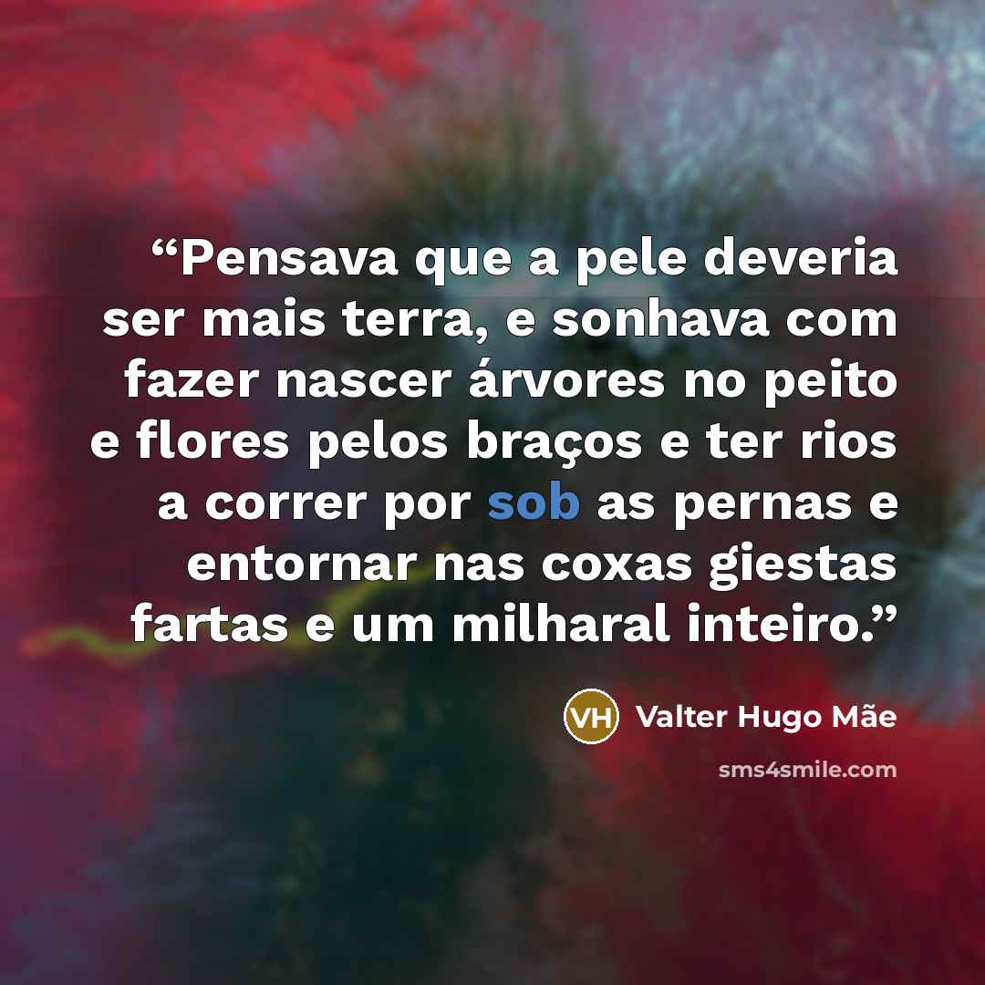 “Pensava que a pele deveria ser mais terra, e sonhava com fazer nascer árvores no peito e flores pelos braços e ter rios a correr por sob as pernas e entornar nas coxas giestas fartas e um milharal inteiro.” quote by Valter Hugo Mãe