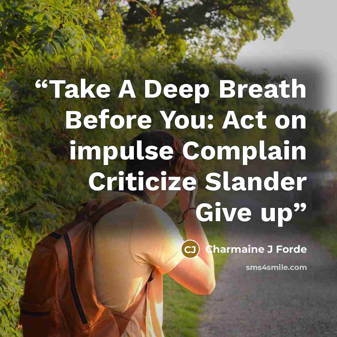 “Take A Deep Breath Before You: Act on impulse Complain Criticize Slander Give up” quote by Charmaine J Forde