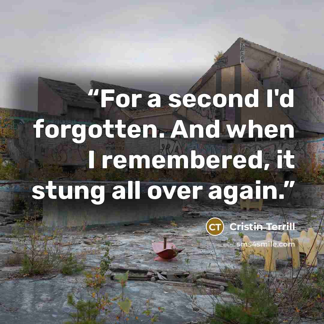 “For a second I'd forgotten. And when I remembered, it stung all over again.” quote by Cristin Terrill