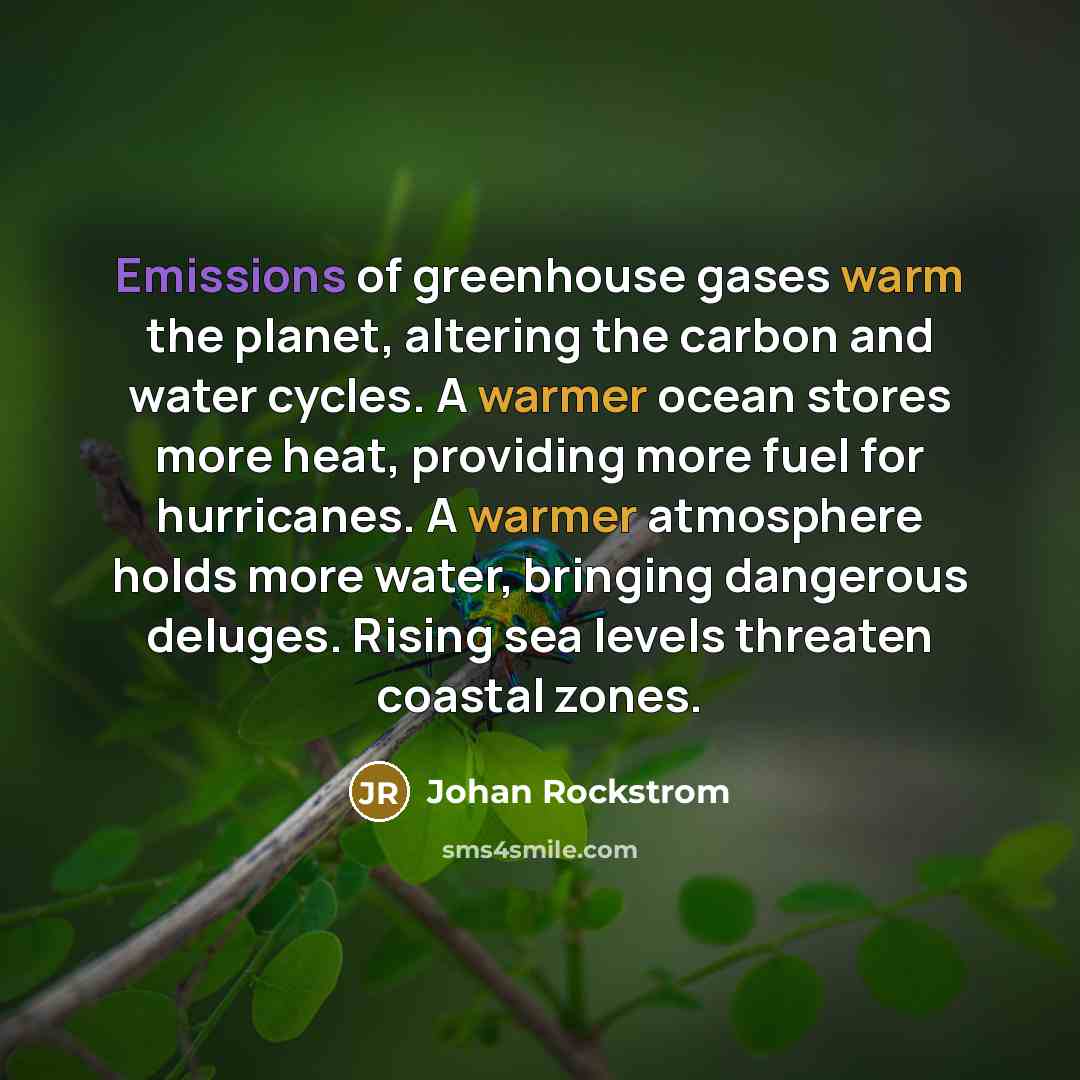 “Emissions of greenhouse gases warm the planet, altering the carbon and water cycles. A warmer ocean stores more heat, providing more fuel for hurricanes. A warmer atmosphere holds more water, bringing dangerous deluges. Rising sea levels threaten coastal zones.” quote by Johan Rockstrom