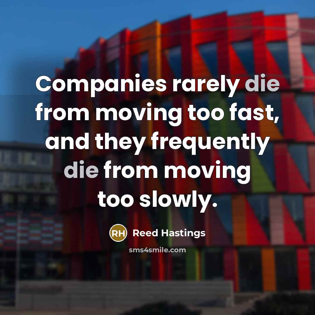 “Companies rarely die from moving too fast, and they frequently…” quote by Reed Hastings