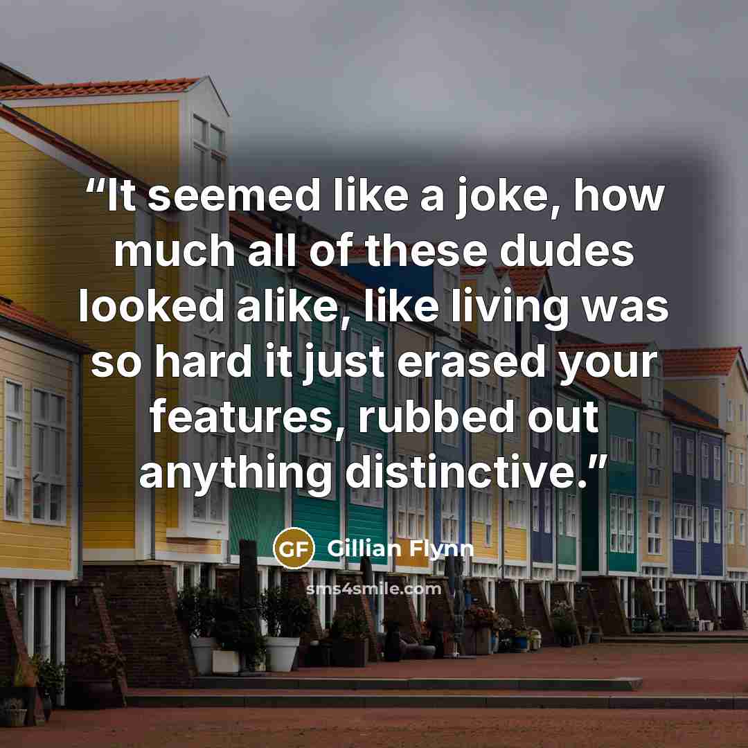 “It seemed like a joke, how much all of these dudes looked alike, like living was so hard it just erased your features, rubbed out anything distinctive.” quote by Gillian Flynn