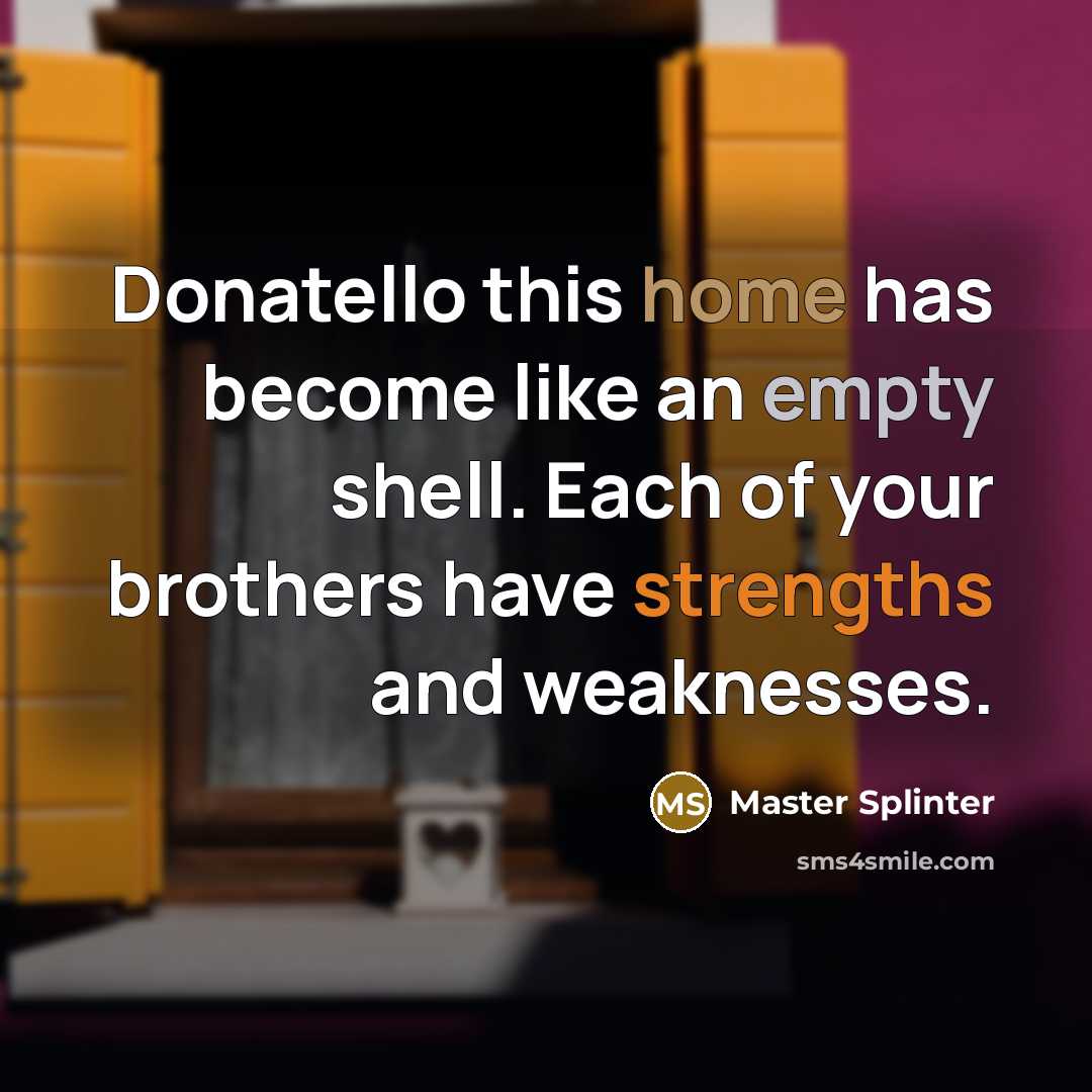 “Donatello this home has become like an empty shell. Each of your brothers have strengths and weaknesses.” quote by Master Splinter