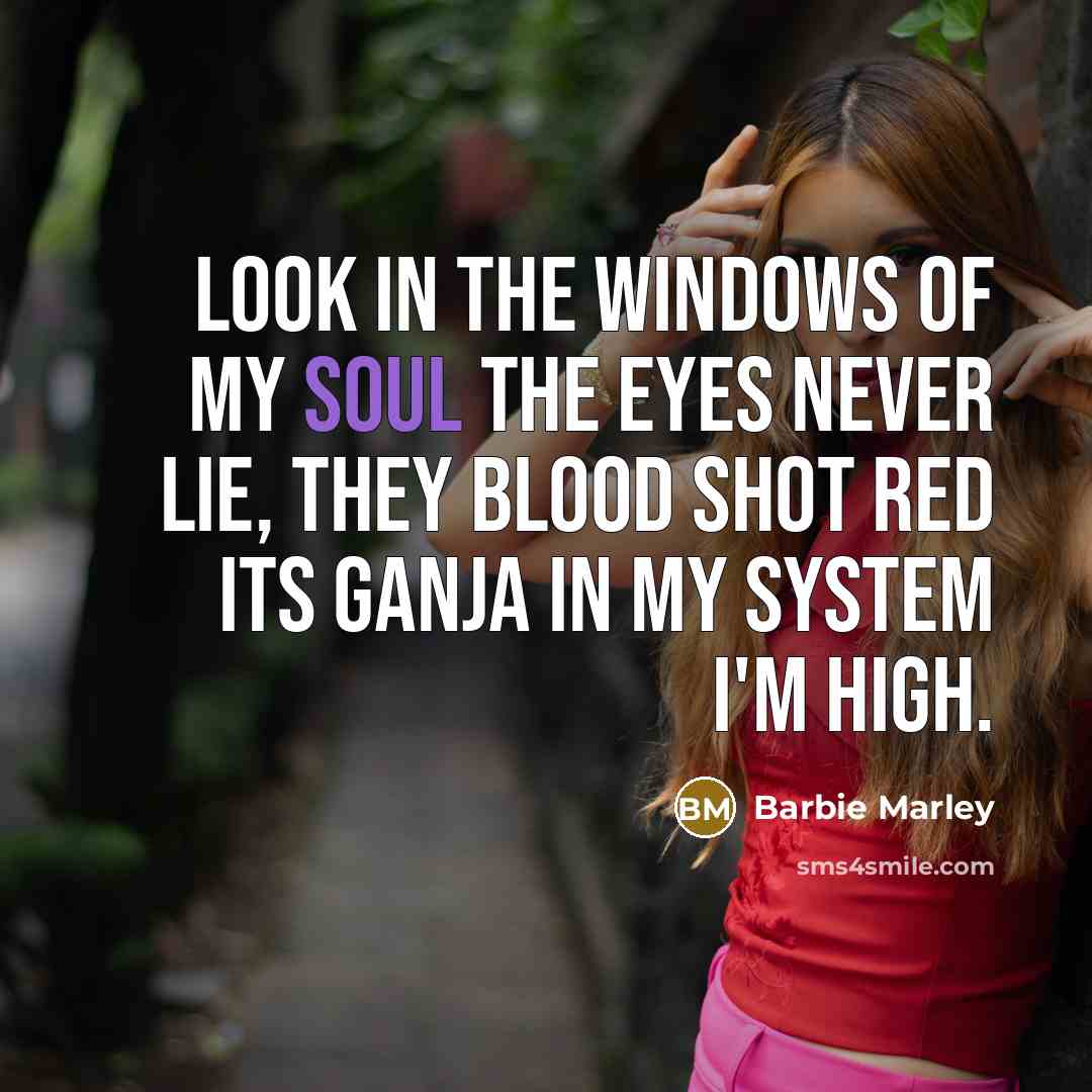 “Look in the windows of my soul the eyes never lie, they blood shot red its ganja in my system I'm high.” quote by Barbie Marley