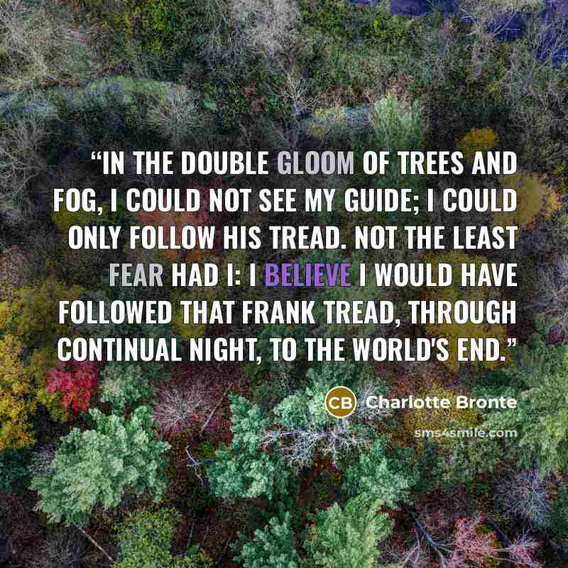 “In the double gloom of trees and fog, I could not see my guide; I could only follow his tread. Not the least fear had I: I believe I would have followed that frank tread, through continual night, to the world's end.” quote by Charlotte Brontë