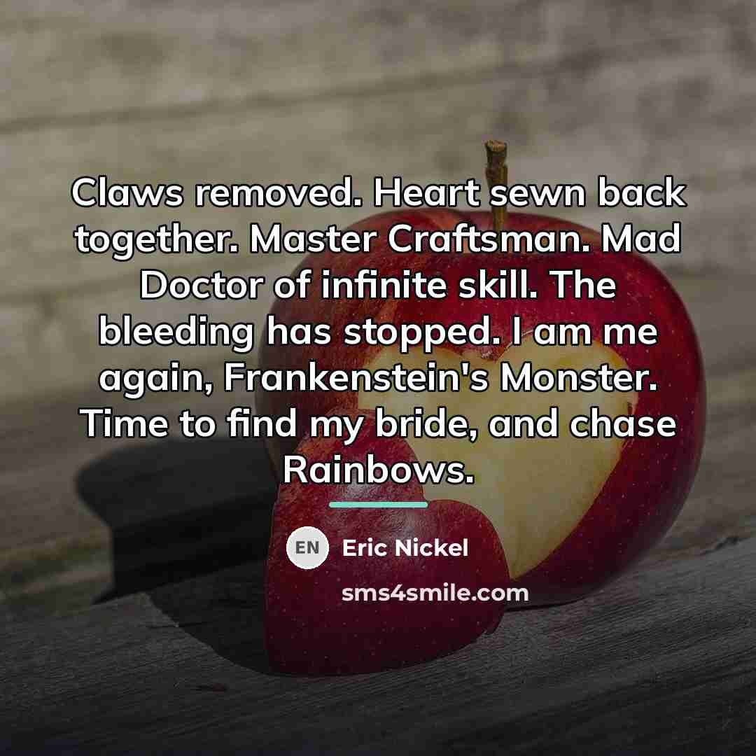 “Claws removed. Heart sewn back together. Master Craftsman. Mad Doctor…” quote by Eric Nickel