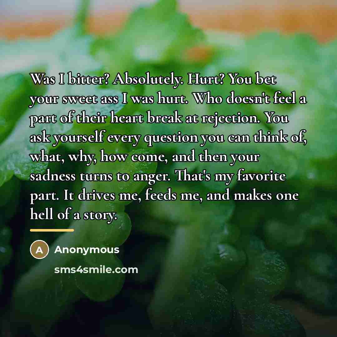 “Was I bitter? Absolutely. Hurt? You bet your sweet ass…” quote by Anonymous