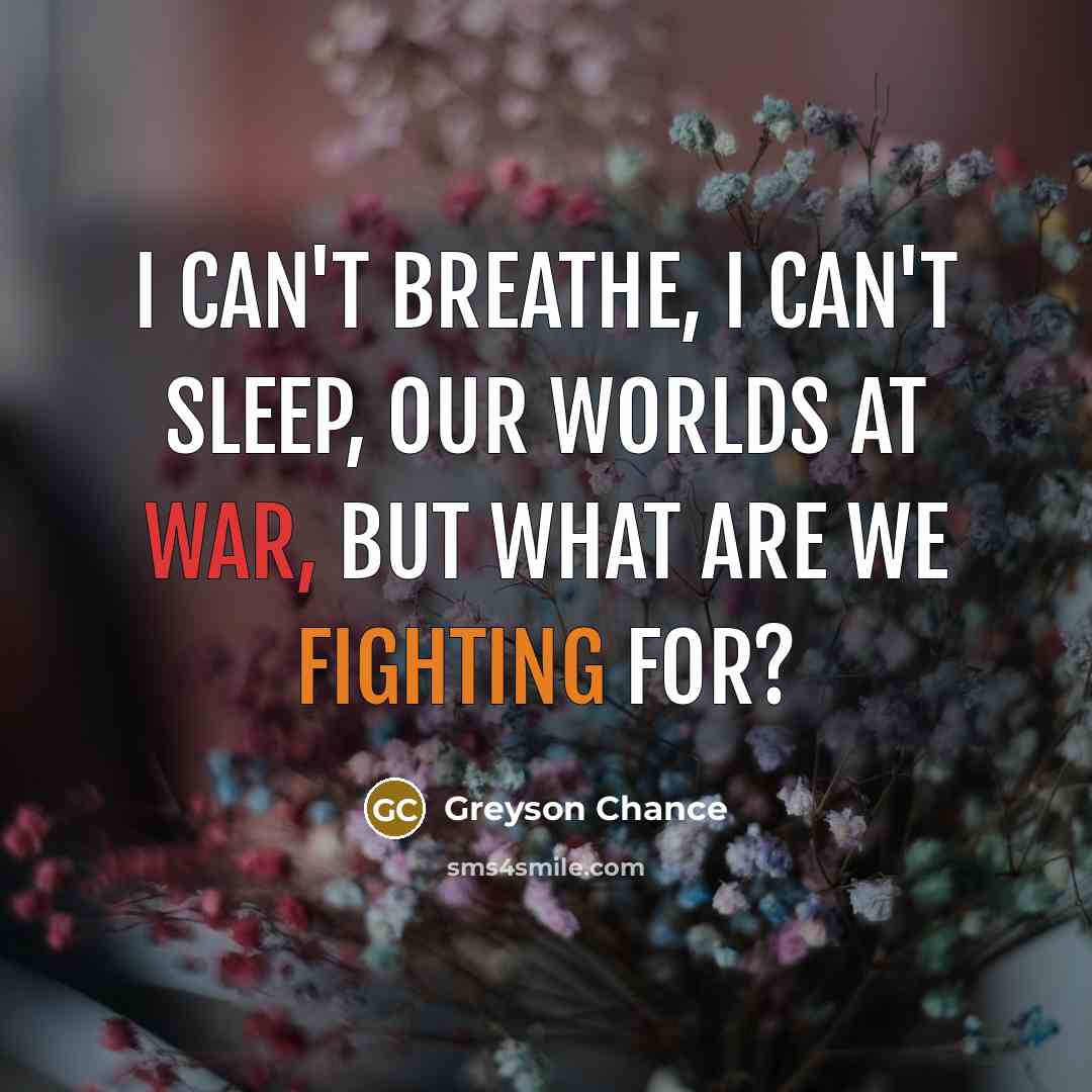“I can't breathe, I can't sleep, our worlds at war,…” quote by Greyson Chance