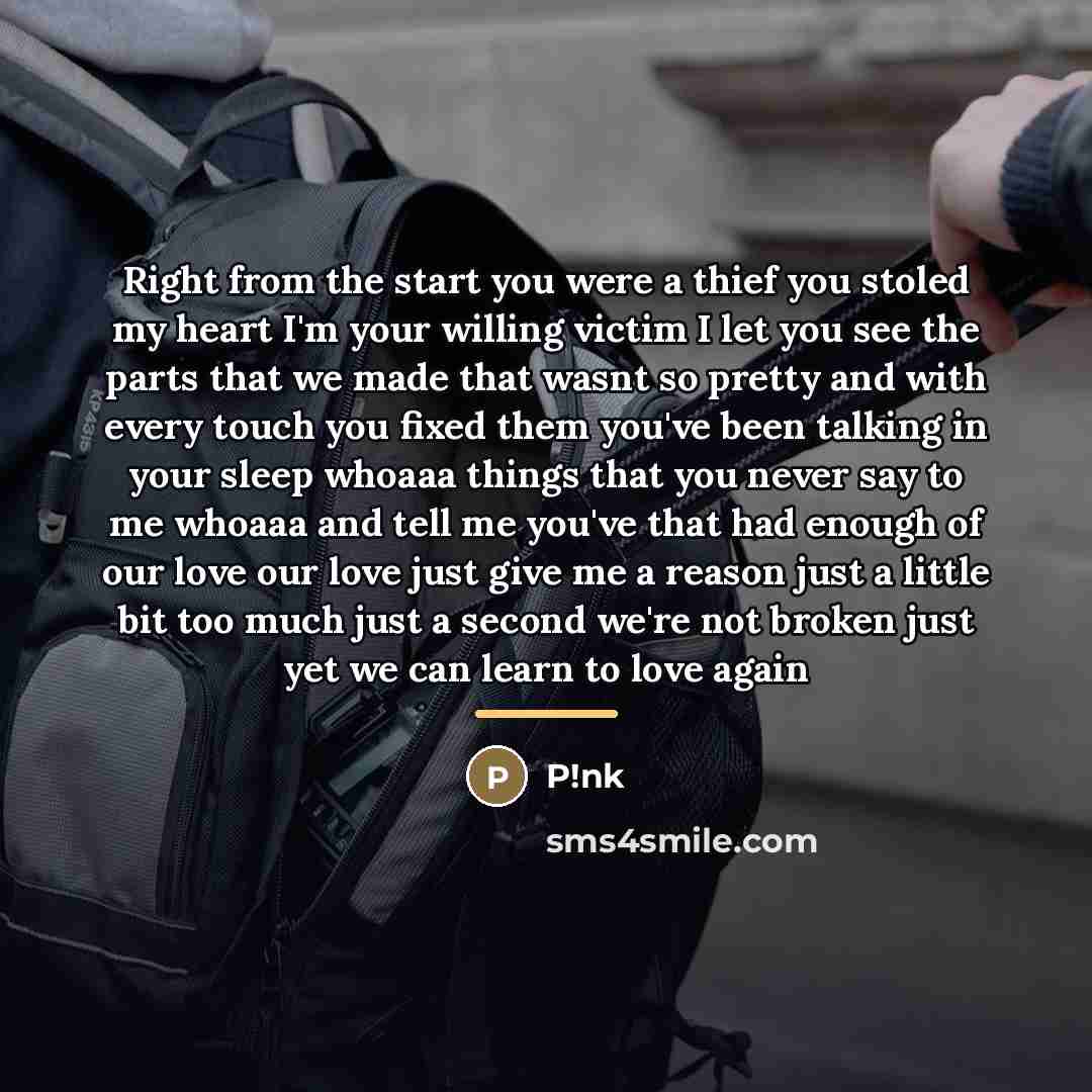 “Right from the start you were a thief you stoled…” quote by P!nk