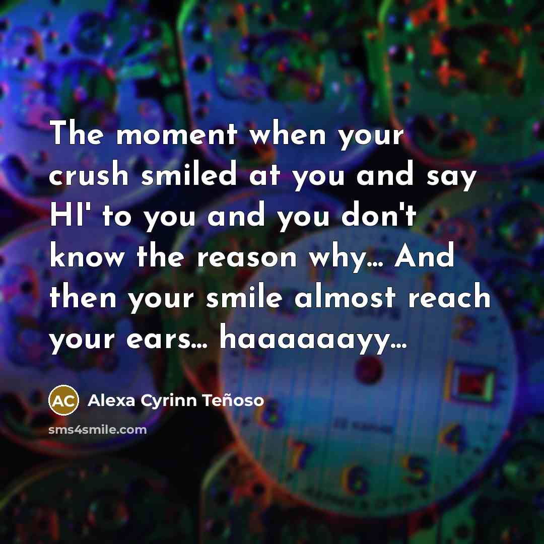 “The moment when your crush smiled at you and say HI' to you and you don't know the reason why... And then your smile almost reach your ears... haaaaaayy...” quote by Alexa Cyrinn Teñoso