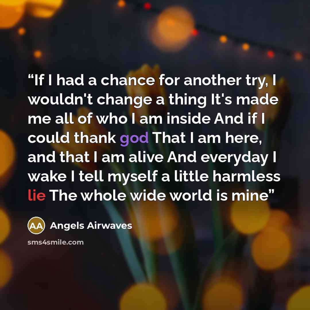 “If I had a chance for another try, I wouldn't change a thing It's made me all of who I am inside And if I could thank god That I am here, and that I am alive And everyday I wake I tell myself a little harmless lie The whole wide world is mine” quote by Angels Airwaves