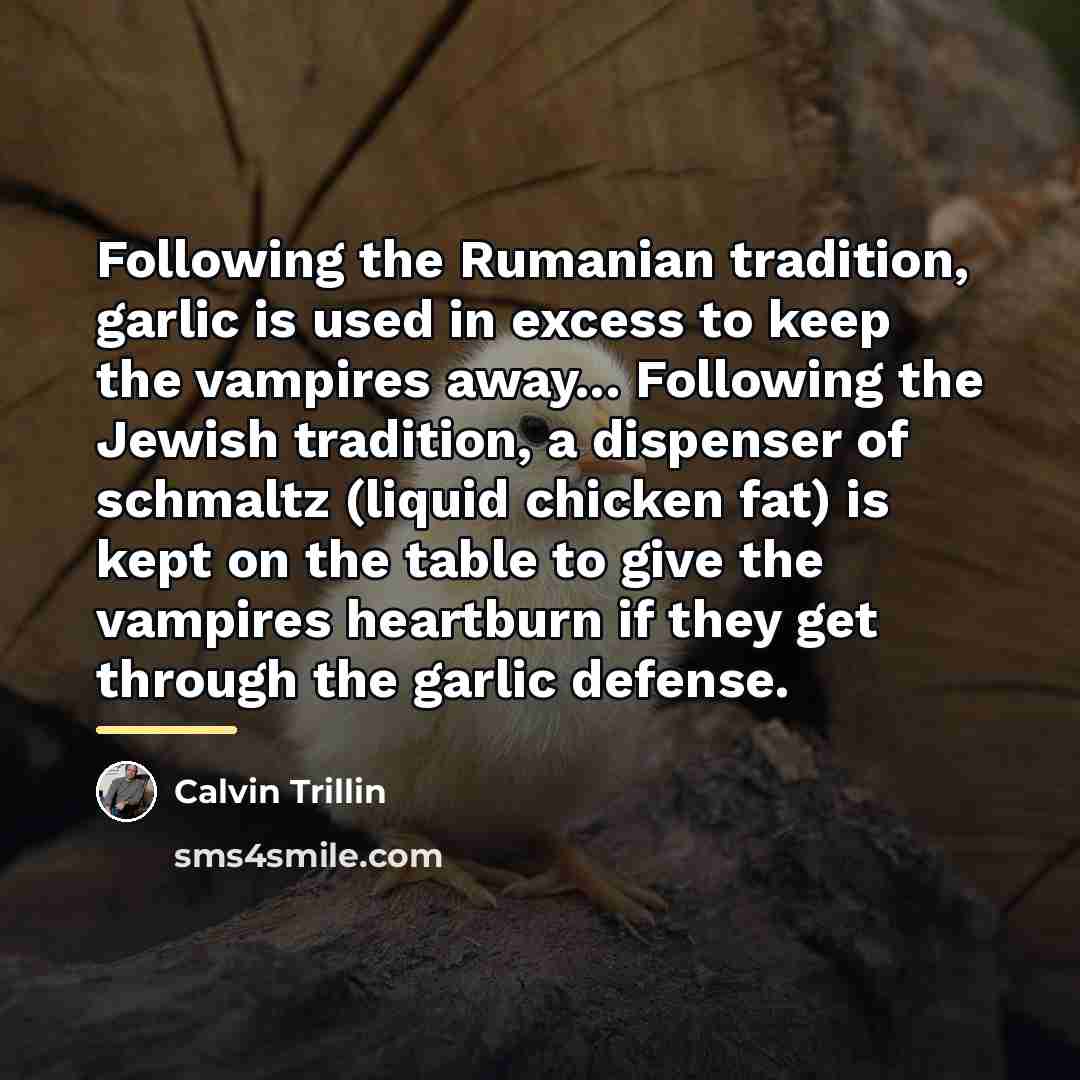“Following the Rumanian tradition, garlic is used in excess to…” quote by Calvin Trillin