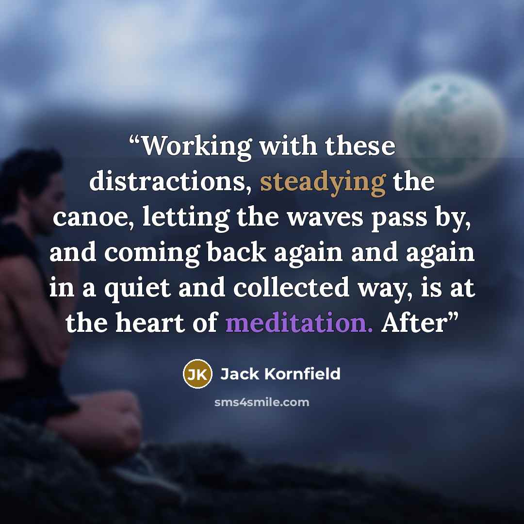 “Working with these distractions, steadying the canoe, letting the waves pass by, and coming back again and again in a quiet and collected way, is at the heart of meditation. After” quote by Jack Kornfield