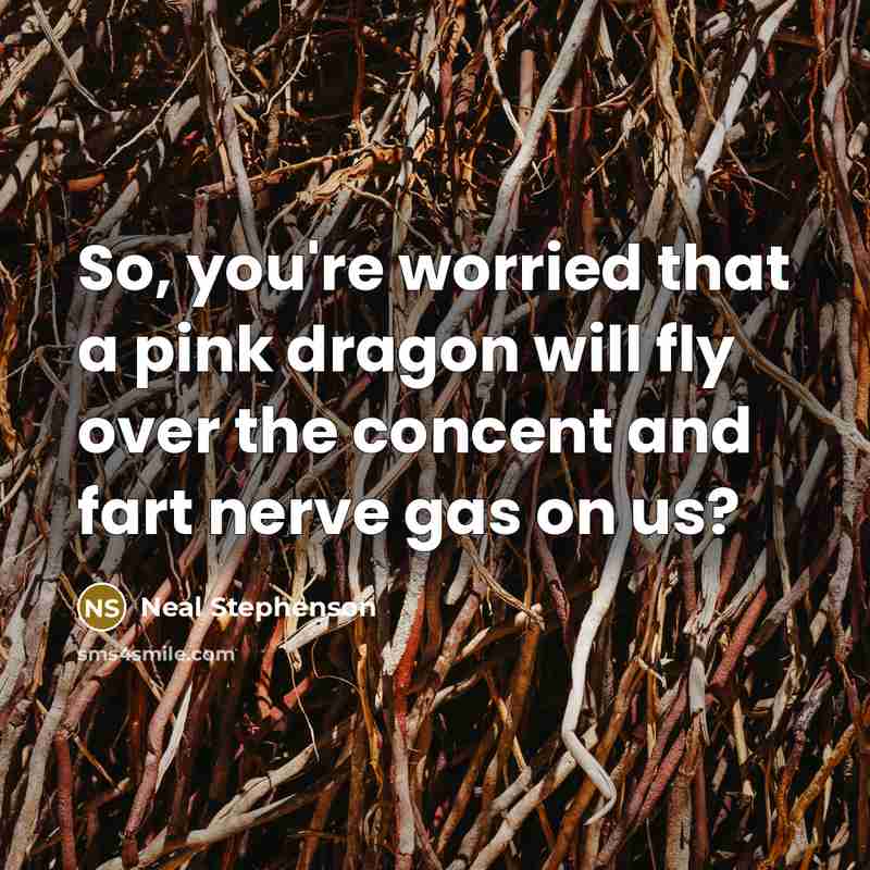 “So, you're worried that a pink dragon will fly over the concent and fart nerve gas on us?” quote by Neal Stephenson