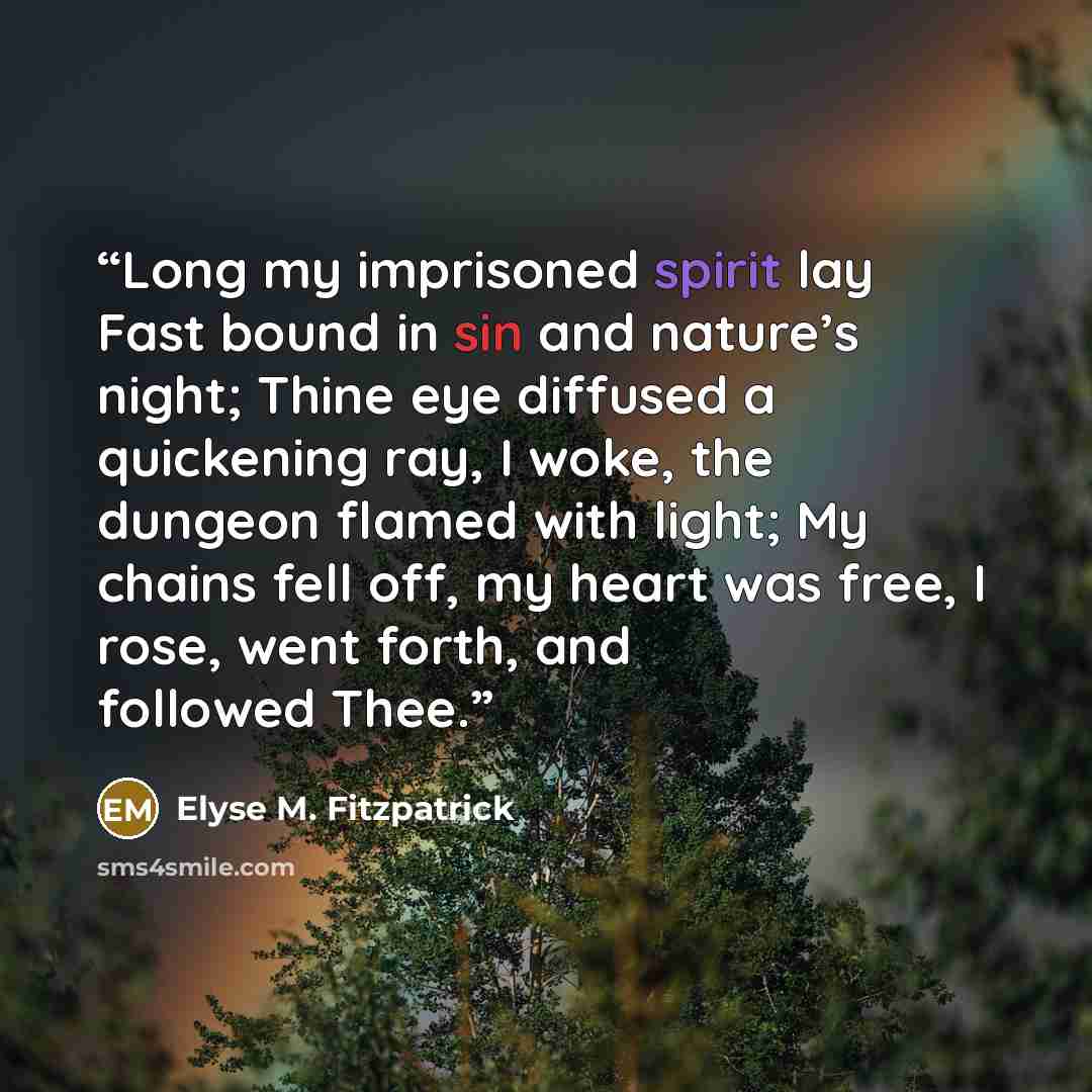 “Long my imprisoned spirit lay Fast bound in sin and nature’s night; Thine eye diffused a quickening ray, I woke, the dungeon flamed with light; My chains fell off, my heart was free, I rose, went forth, and followed Thee.” quote by Elyse M. Fitzpatrick