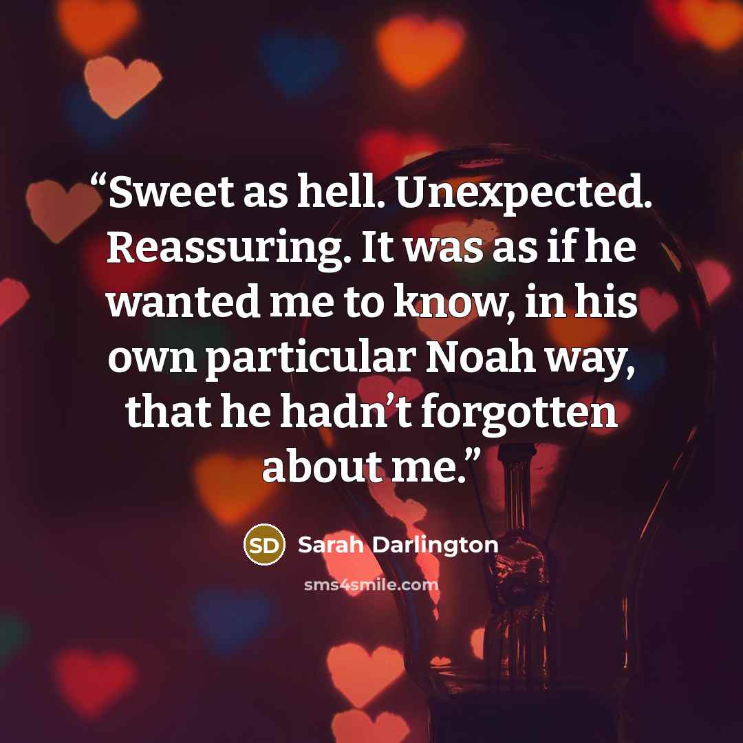 “Sweet as hell. Unexpected. Reassuring. It was as if he wanted me to know, in his own particular Noah way, that he hadn’t forgotten about me.” quote by Sarah Darlington