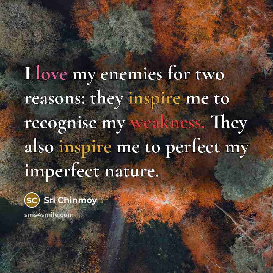 “I love my enemies for two reasons: they inspire me…” quote by Sri Chinmoy