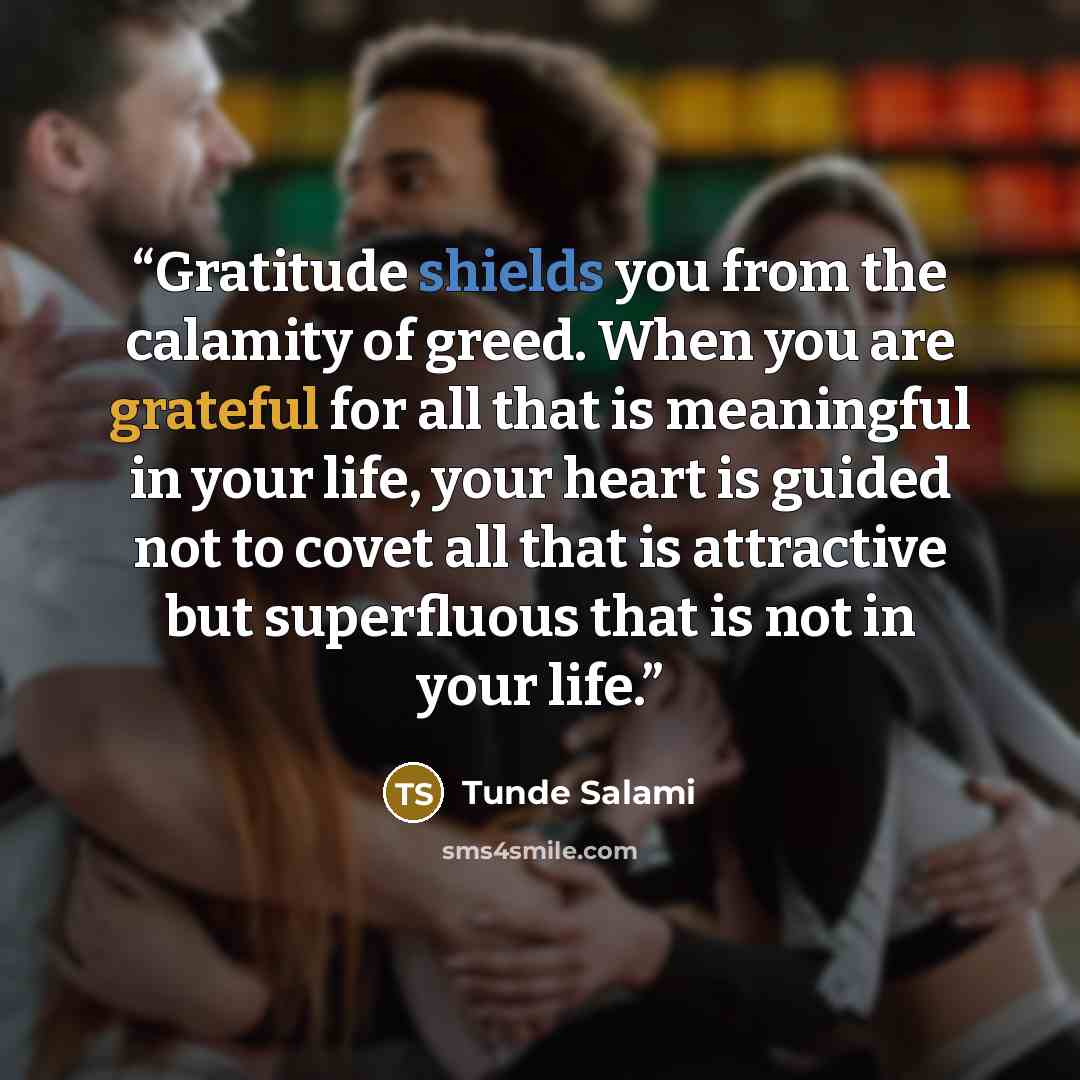 “Gratitude shields you from the calamity of greed. When you are grateful for all that is meaningful in your life, your heart is guided not to covet all that is attractive but superfluous that is not in your life.” quote by Tunde Salami