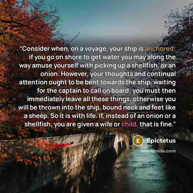 “Consider when, on a voyage, your ship is anchored; if you go on shore to get water you may along the way amuse yourself with picking up a shellfish, or an onion. However, your thoughts and continual attention ought to be bent towards the ship, waiting for the captain to call on board; you must…” quote by Epictetus