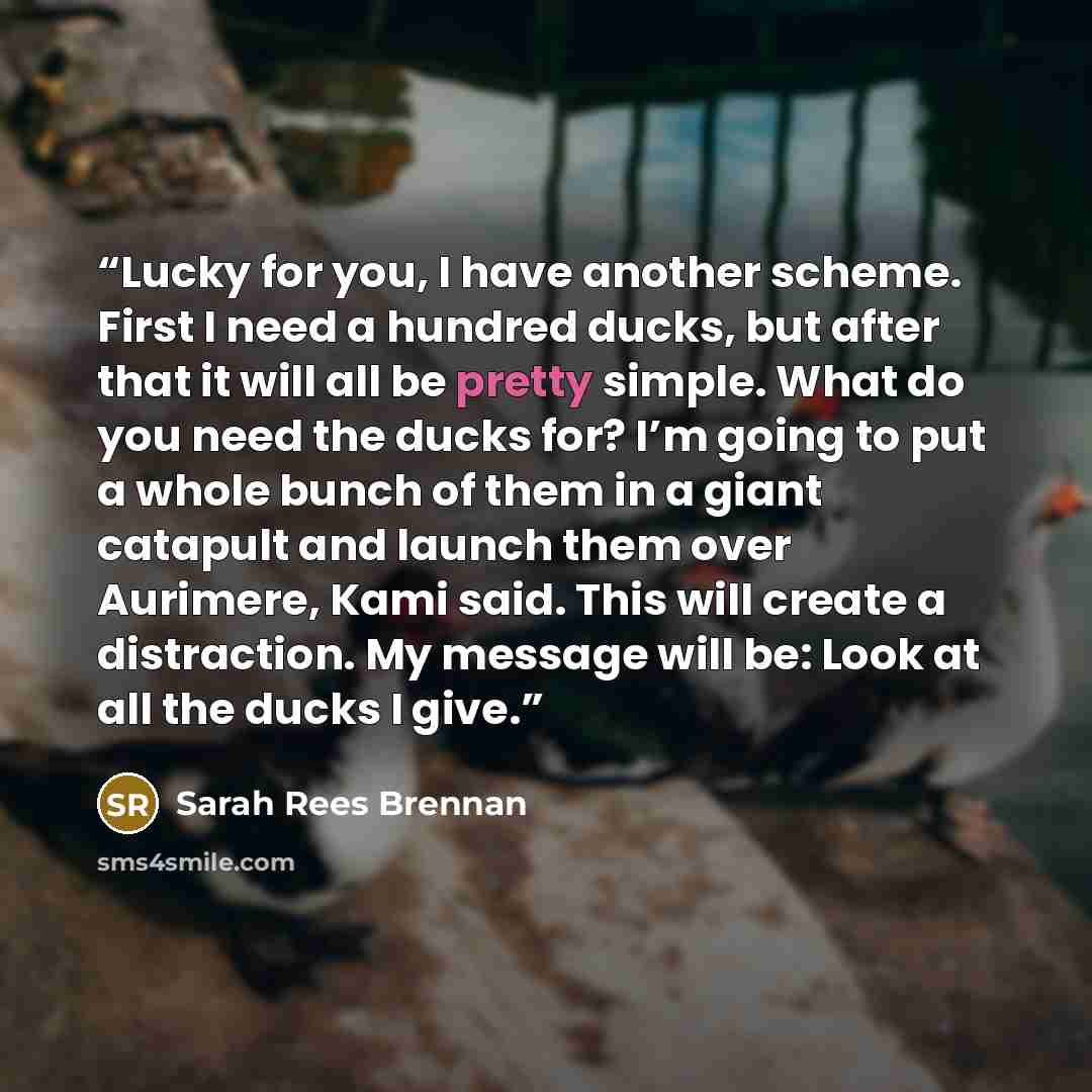 “Lucky for you, I have another scheme. First I need a hundred ducks, but after that it will all be pretty simple. What do you need the ducks for? I’m going to put a whole bunch of them in a giant catapult and launch them over Aurimere, Kami said. This will create a distraction. My message will be…” quote by Sarah Rees Brennan