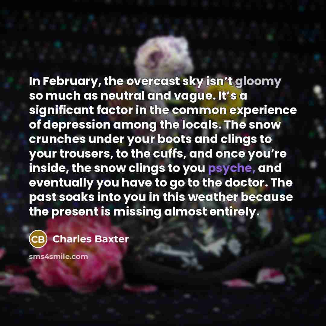 “In February, the overcast sky isn’t gloomy so much as…” quote by Charles Baxter