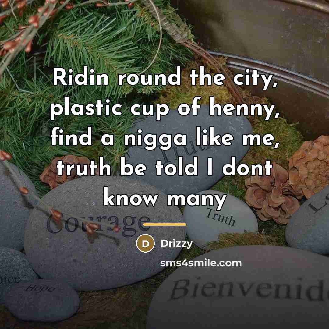 “Ridin round the city, plastic cup of henny, find a…” quote by Drizzy