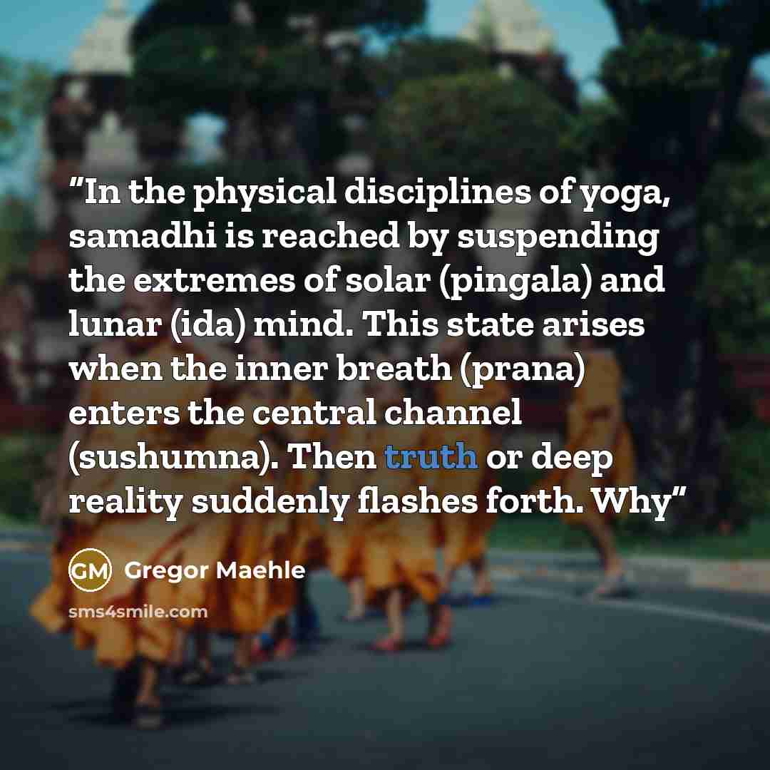 “In the physical disciplines of yoga, samadhi is reached by suspending the extremes of solar (pingala) and lunar (ida) mind. This state arises when the inner breath (prana) enters the central channel (sushumna). Then truth or deep reality suddenly flashes forth. Why” quote by Gregor Maehle