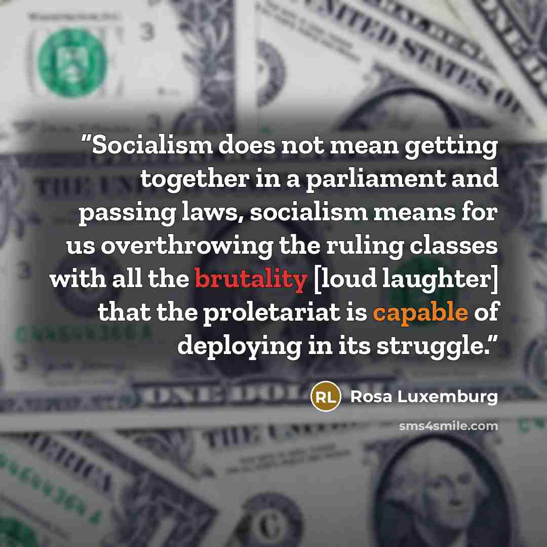 “Socialism does not mean getting together in a parliament and passing laws, socialism means for us overthrowing the ruling classes with all the brutality [loud laughter] that the proletariat is capable of deploying in its struggle.” quote by Rosa Luxemburg