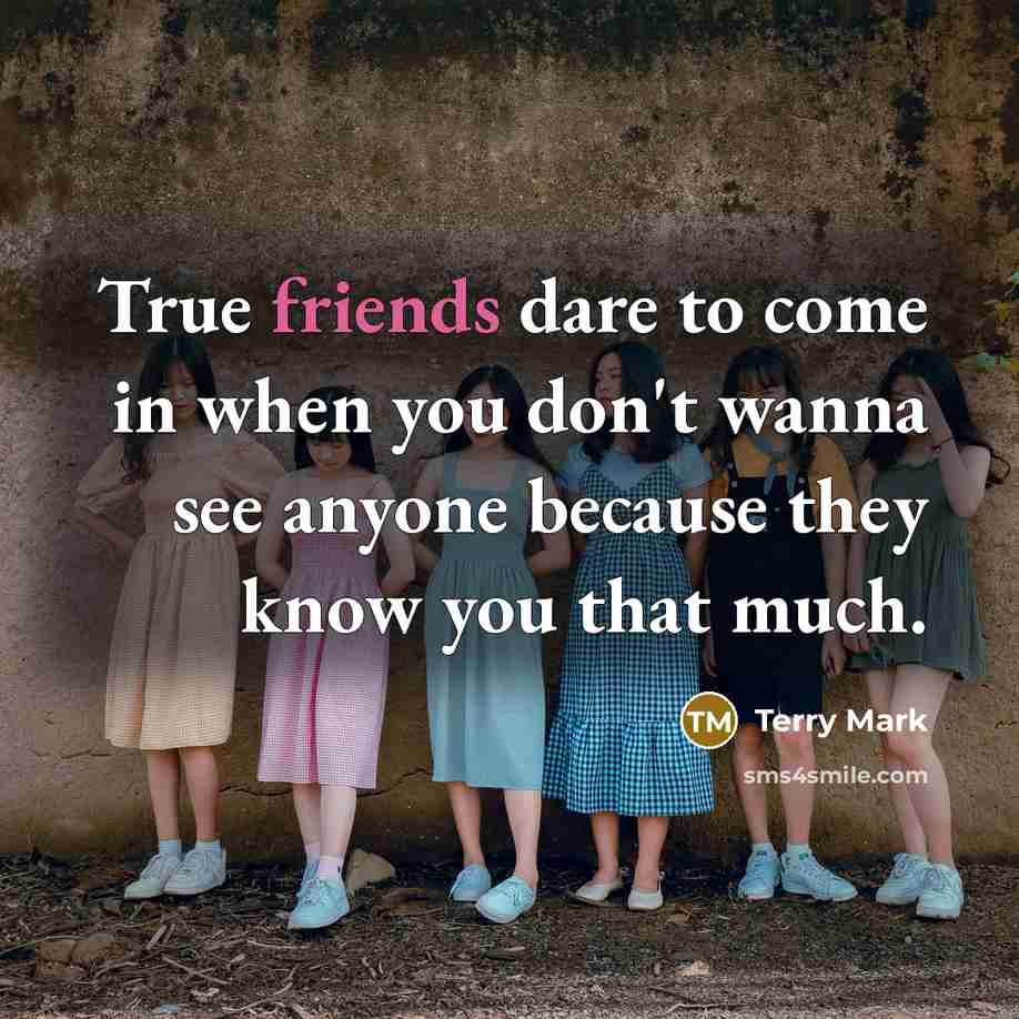 “True friends dare to come in when you don't wanna see anyone because they know you that much.” quote by Terry Mark