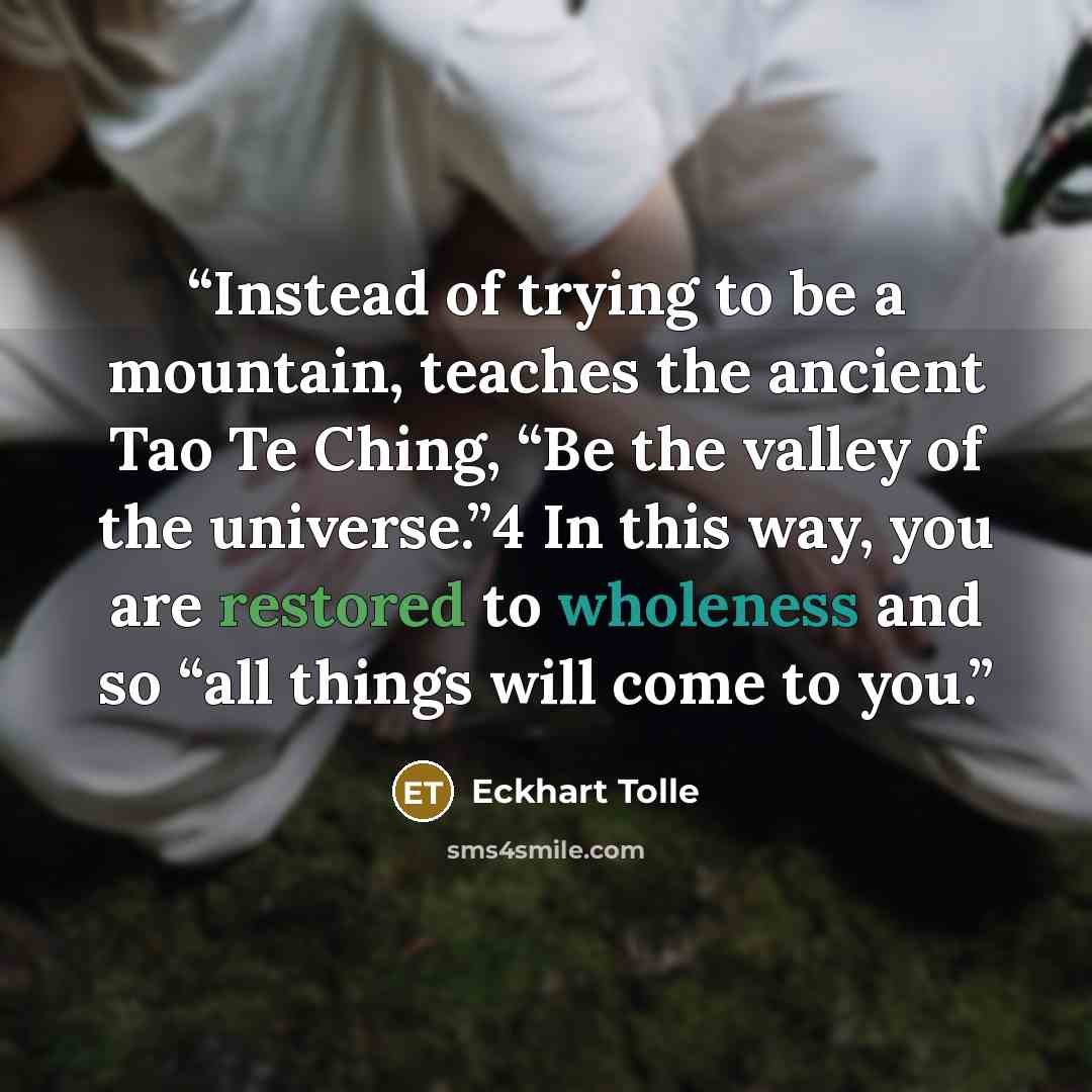 “Instead of trying to be a mountain, teaches the ancient Tao Te Ching, “Be the valley of the universe.”4 In this way, you are restored to wholeness and so “all things will come to you.” quote by Eckhart Tolle