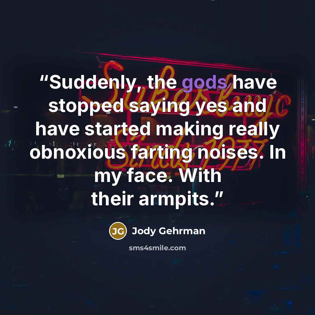 “Suddenly, the gods have stopped saying yes and have started making really obnoxious farting noises. In my face. With their armpits.” quote by Jody Gehrman