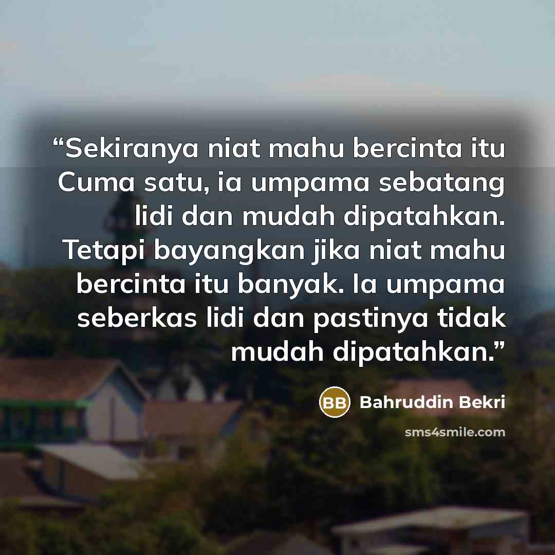 “Sekiranya niat mahu bercinta itu Cuma satu, ia umpama sebatang lidi dan mudah dipatahkan. Tetapi bayangkan jika niat mahu bercinta itu banyak. Ia umpama seberkas lidi dan pastinya tidak mudah dipatahkan.” quote by Bahruddin Bekri