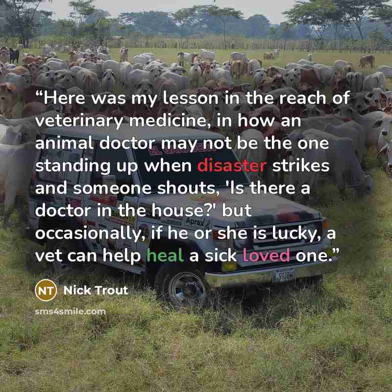 “Here was my lesson in the reach of veterinary medicine, in how an animal doctor may not be the one standing up when disaster strikes and someone shouts, 'Is there a doctor in the house?' but occasionally, if he or she is lucky, a vet can help heal a sick loved one.” quote by Nick Trout