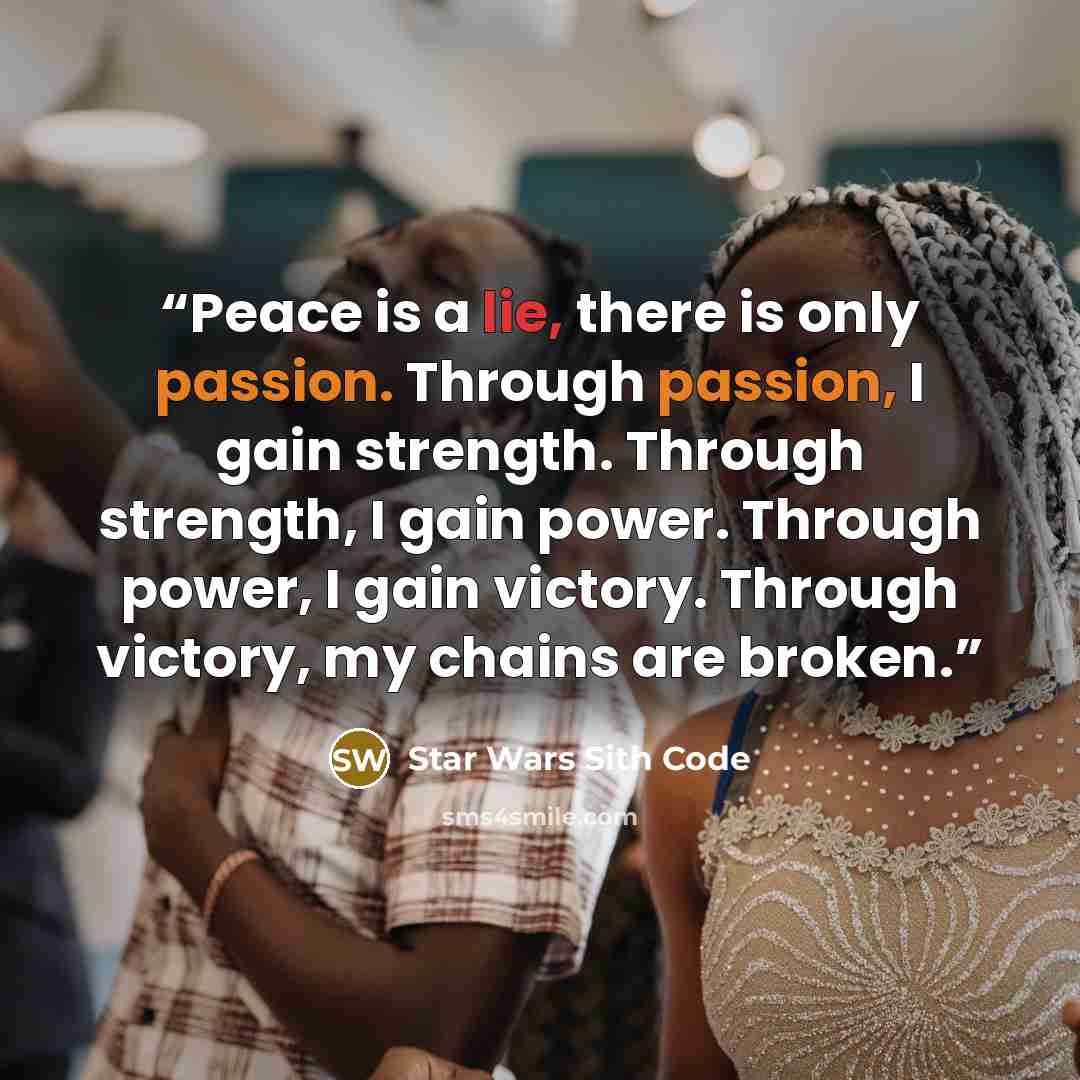 “Peace is a lie, there is only passion. Through passion, I gain strength. Through strength, I gain power. Through power, I gain victory. Through victory, my chains are broken.” quote by Star Wars Sith Code