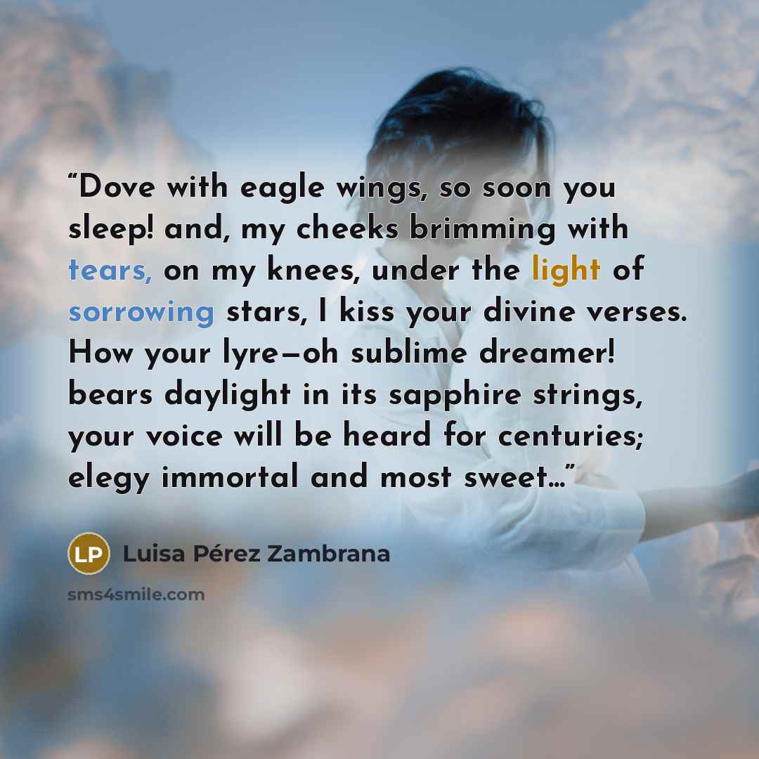 “Dove with eagle wings, so soon you sleep! and, my cheeks brimming with tears, on my knees, under the light of sorrowing stars, I kiss your divine verses. How your lyre—oh sublime dreamer! bears daylight in its sapphire strings, your voice will be heard for centuries; elegy immortal and most sweet...” quote by Luisa Pérez Zambrana
