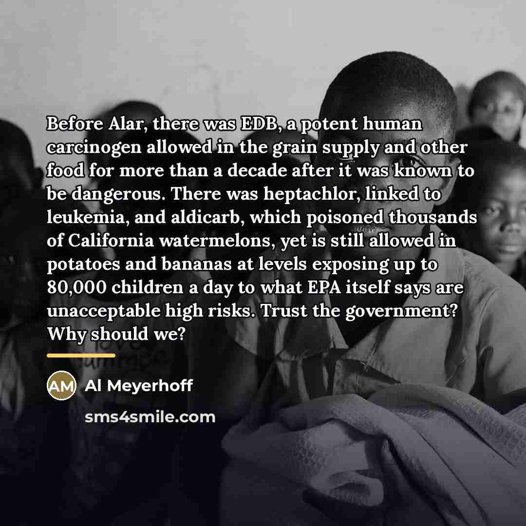 “Before Alar, there was EDB, a potent human carcinogen allowed…” quote by Al Meyerhoff