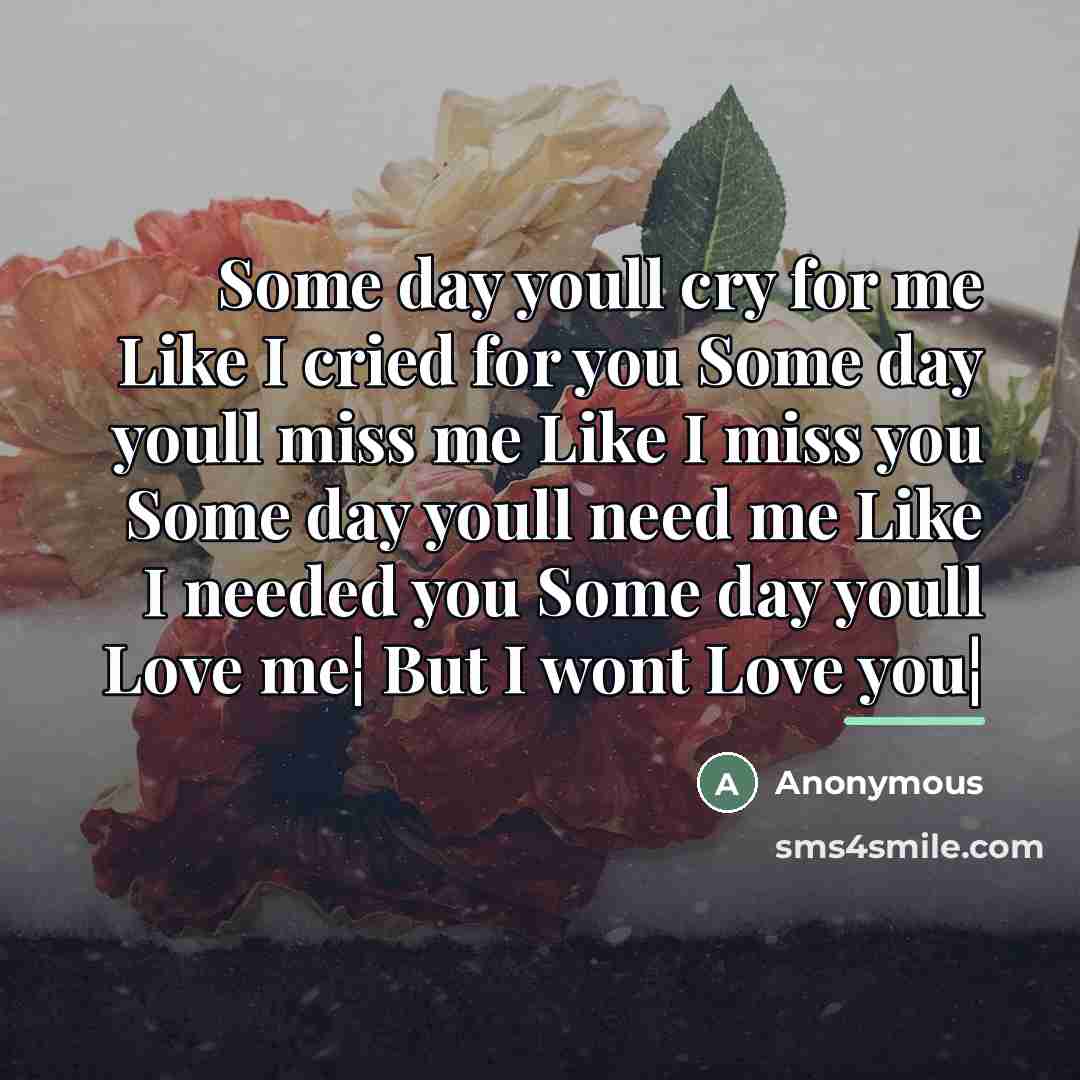 “Some day youll cry for me Like I cried for you Some day youll miss me Like I miss you Some day youll need me Like I needed you Some day youll Love me¦ But I wont Love you¦” quote by Anonymous