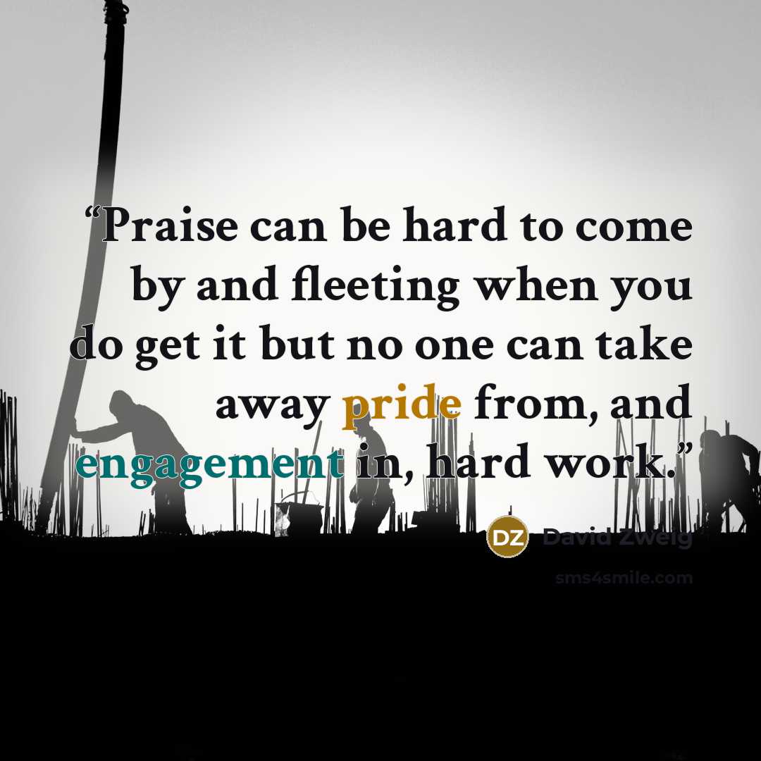 “Praise can be hard to come by and fleeting when you do get it but no one can take away pride from, and engagement in, hard work.” quote by David Zweig