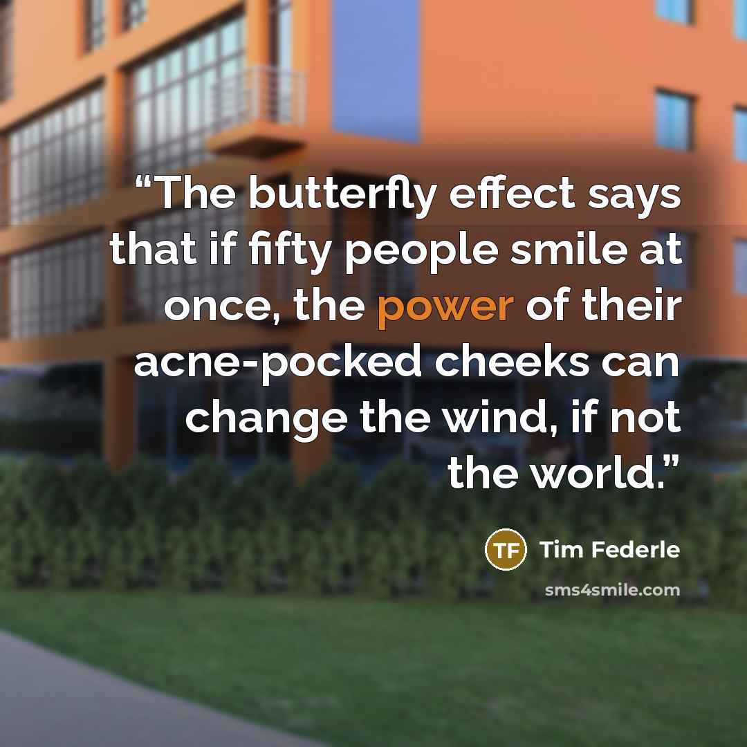 “The butterfly effect says that if fifty people smile at once, the power of their acne-pocked cheeks can change the wind, if not the world.” quote by Tim Federle