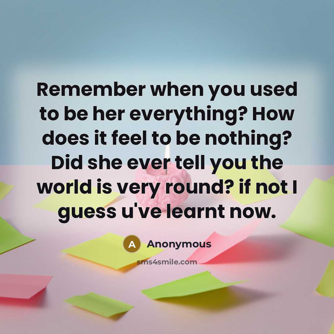“Remember when you used to be her everything? How does it feel to be nothing? Did she ever tell you the world is very round? if not I guess u've learnt now.” quote by Anonymous