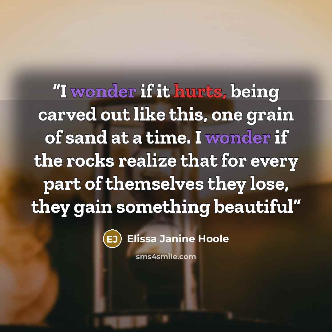 “I wonder if it hurts, being carved out like this, one grain of sand at a time. I wonder if the rocks realize that for every part of themselves they lose, they gain something beautiful” quote by Elissa Janine Hoole