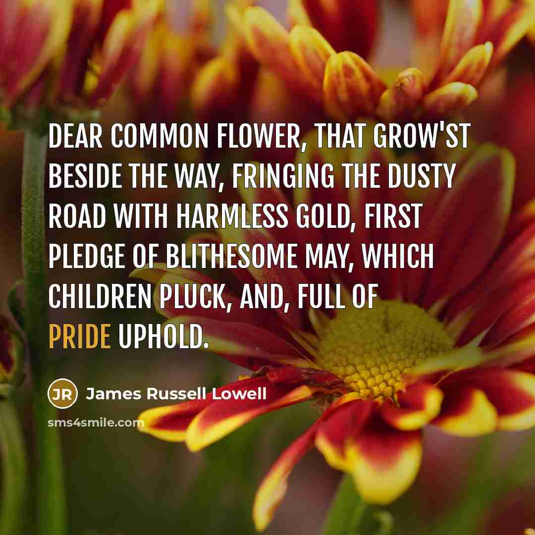 “Dear common flower, that grow'st beside the way, Fringing the…” quote by James Russell Lowell
