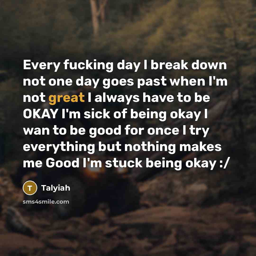 “Every fucking day I break down not one day goes…” quote by Talyiah